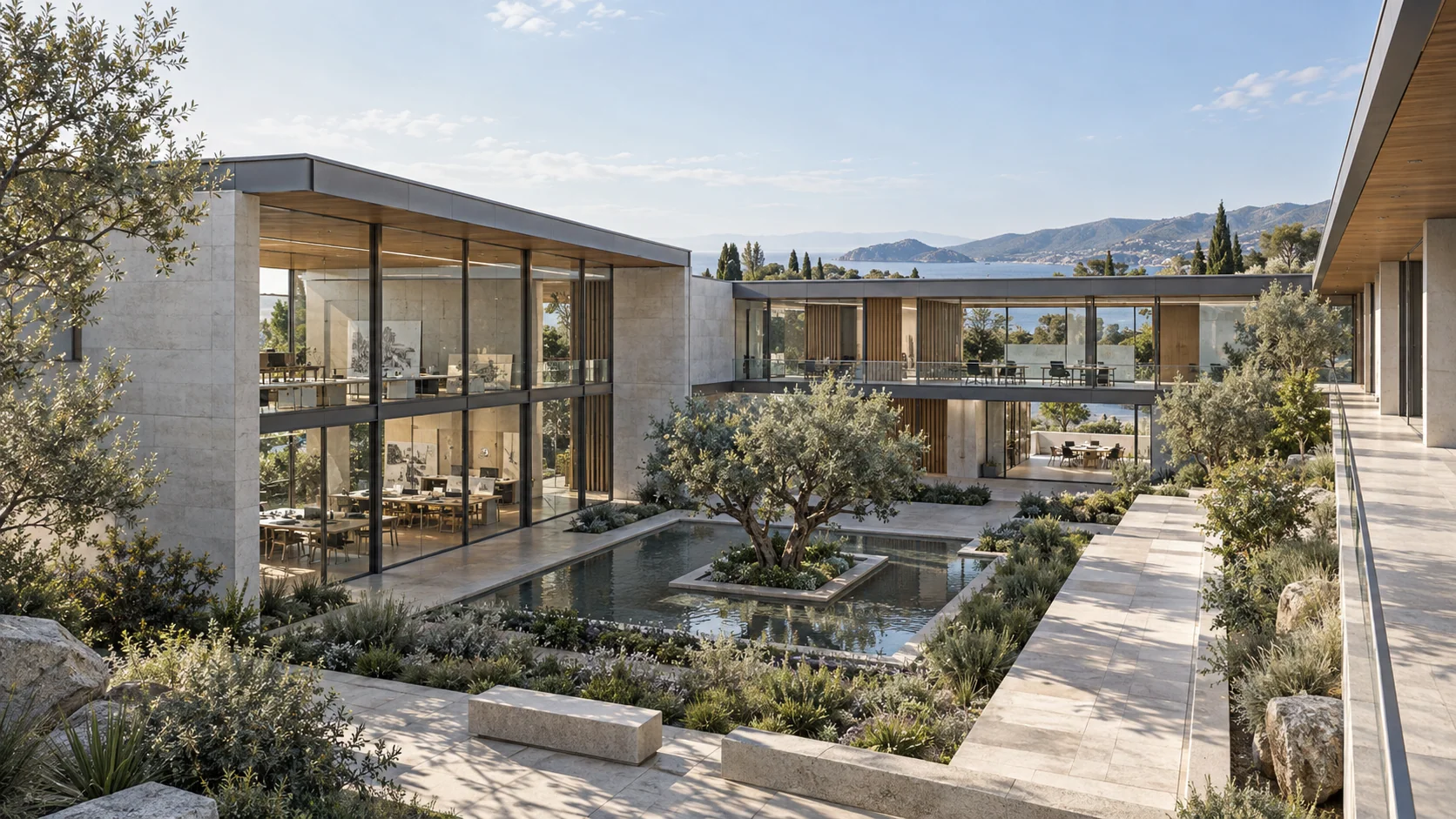 Contemporary two-storey campus arranged around a landscaped courtyard and reflecting pool.