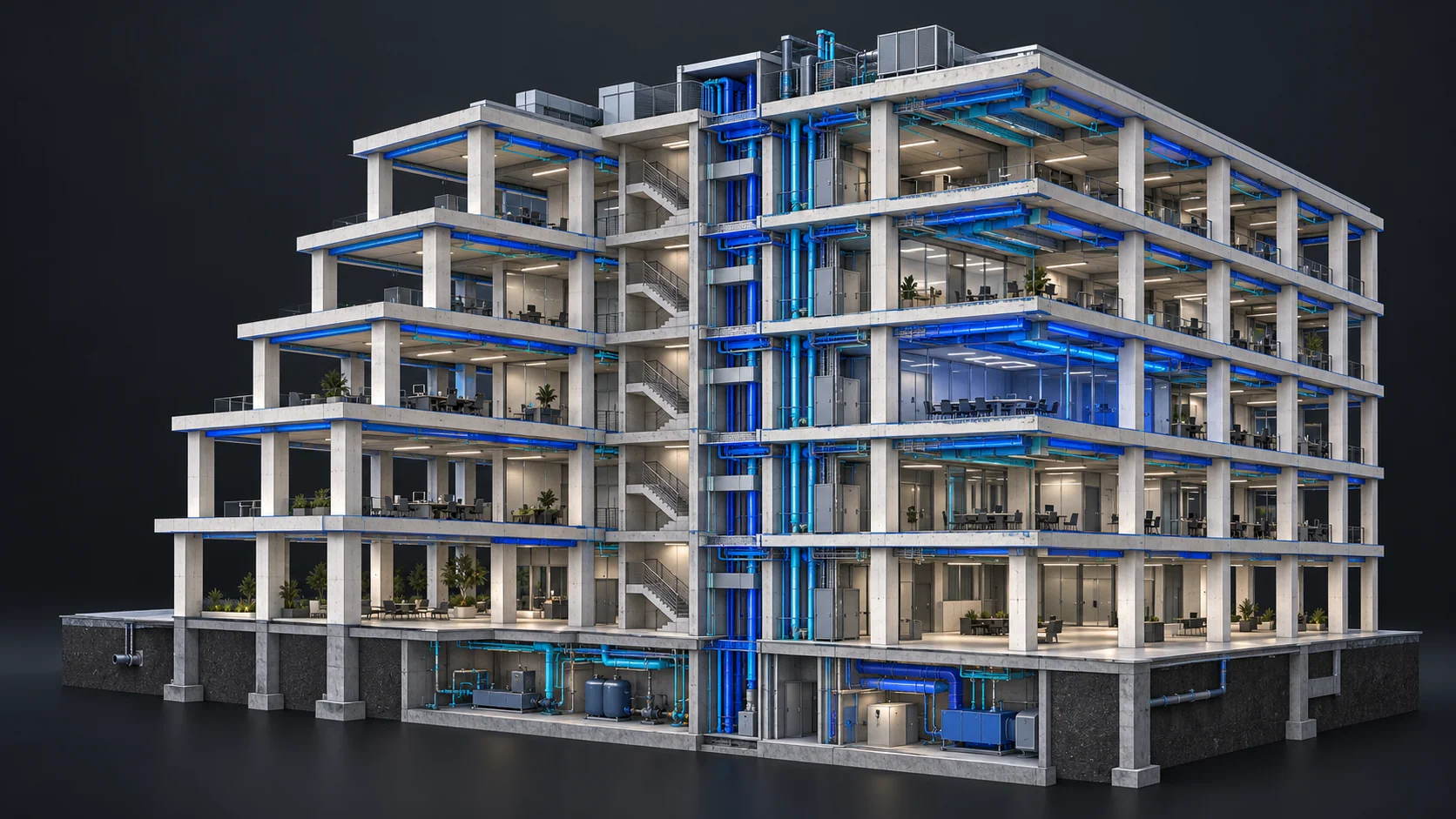 BIM building model relating architecture, structure and building services through colored layers.