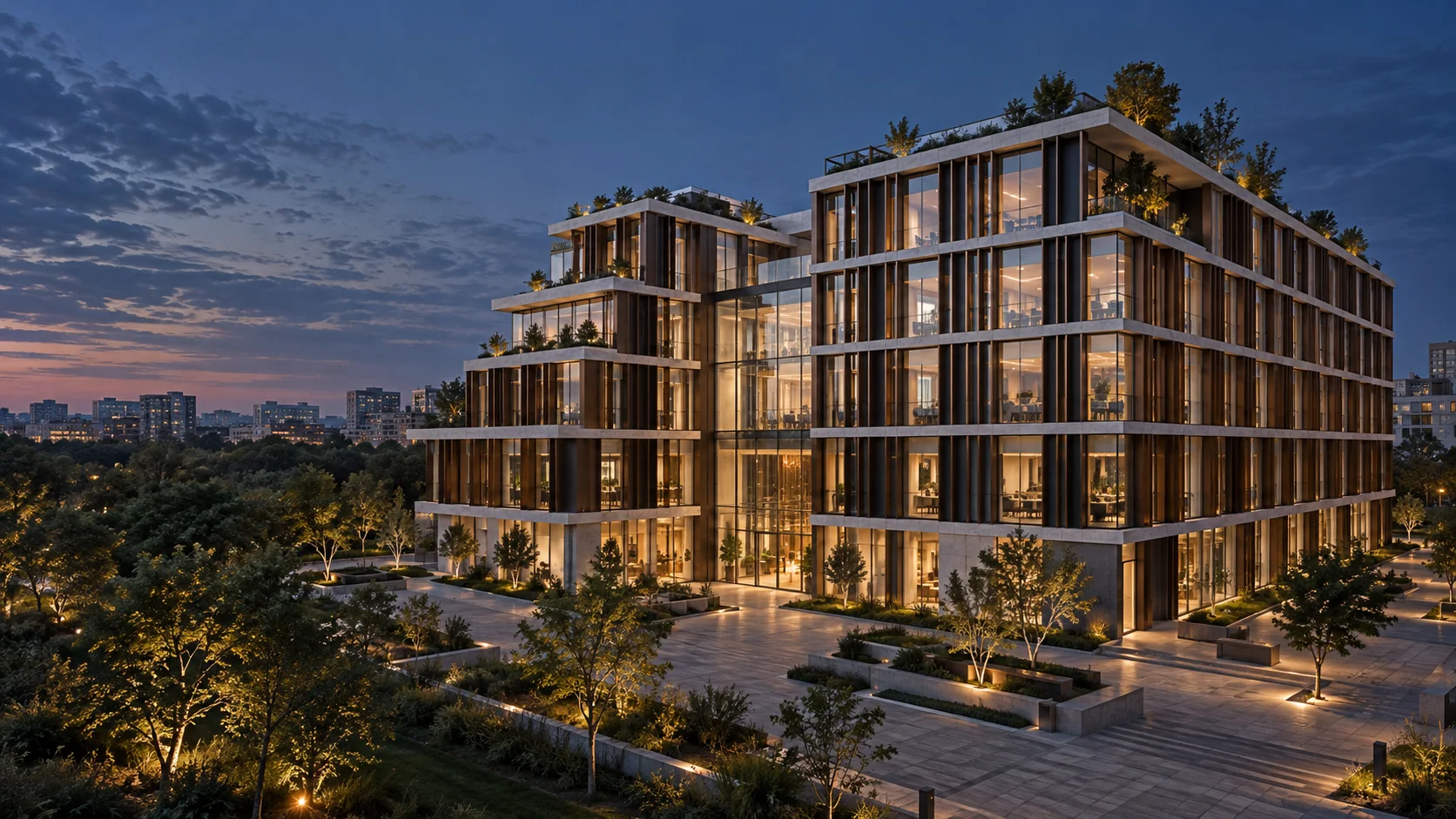 Mixed-use building with glass facades, vertical fins and planted terraces at blue hour.