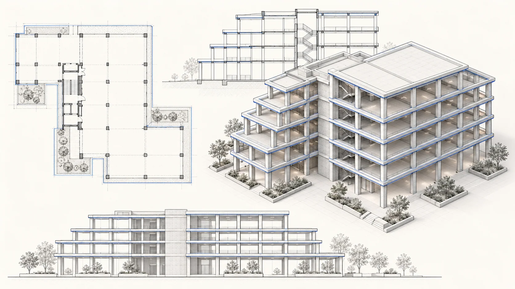 The building model accompanied by technical views, sections and documentation drawings.