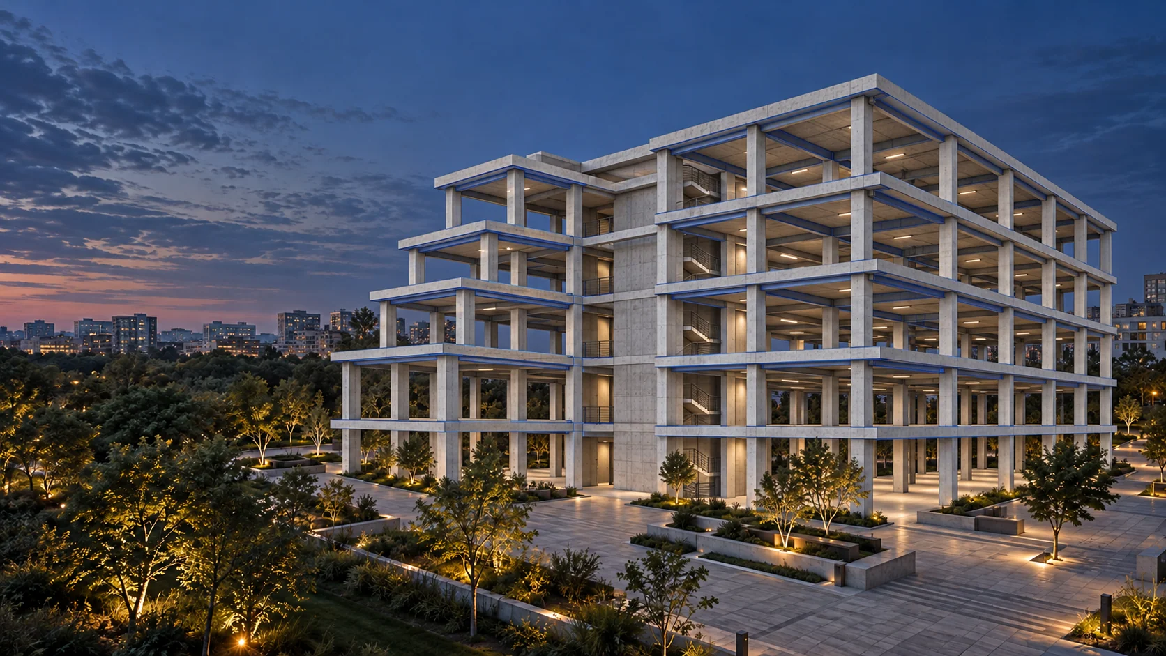 Structural view of the same building, revealing columns, beams, slabs and a concrete core.