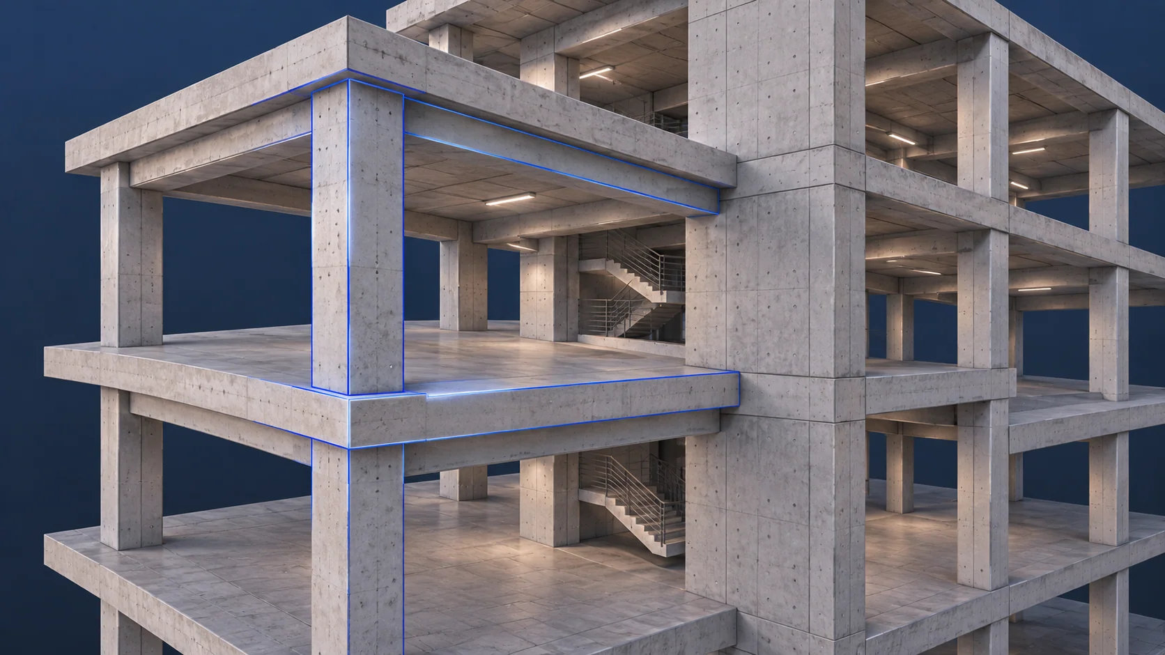Detalle de una estructura de concreto con conexiones, losas y elementos organizados por disciplina.